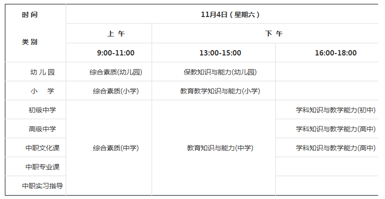 上海市2017年下半年中小學教師資格考試筆試日程安排表