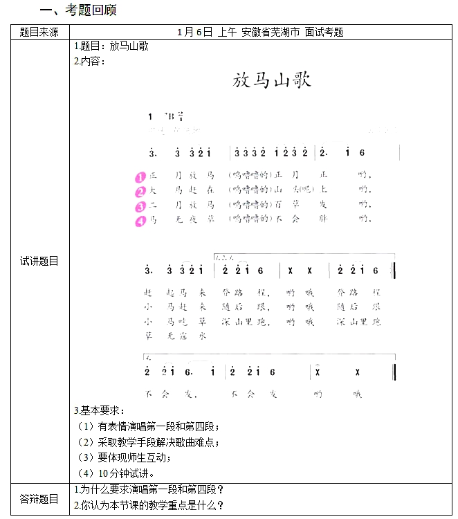 2017下半年教師資格證面試真題及答案：小學音樂《放馬山歌》