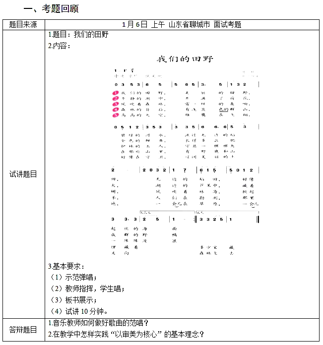 2017下半年教師資格證面試真題及答案：小學音樂《我們的田野》