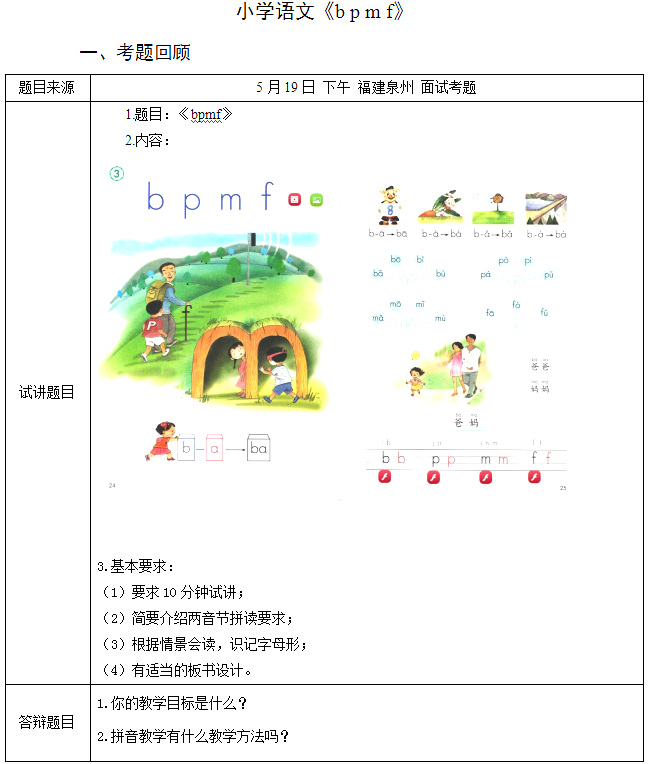 2018上半年小學(xué)語(yǔ)文教師資格證面試真題及答案：《b p m f》考題回顧