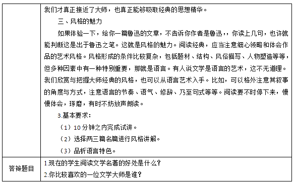 2018上半年高中語(yǔ)文教師資格面試真題及答案：《走近文學(xué)大師》考題回顧2