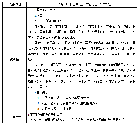 2018上半年高中語(yǔ)文教師資格證面試真題及答案：《勸學(xué)》考題回顧