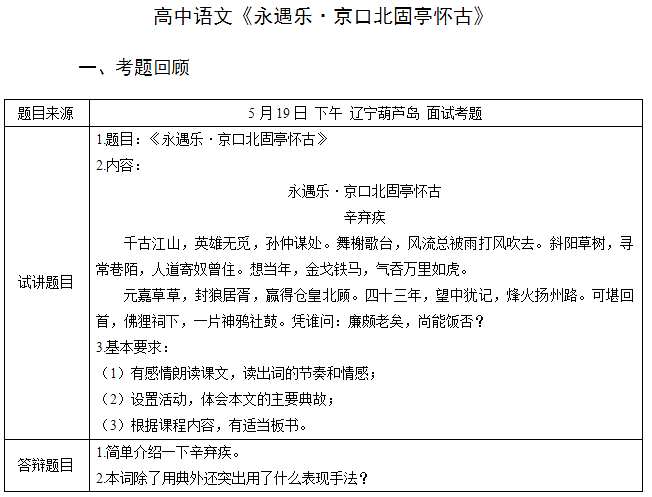 2018上半年小學(xué)語文教師資格面試真題：永遇樂·京口北固亭懷古考題回顧