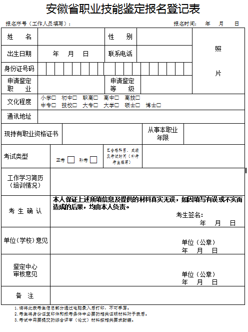 安徽省職業(yè)技能鑒定報(bào)名登記表